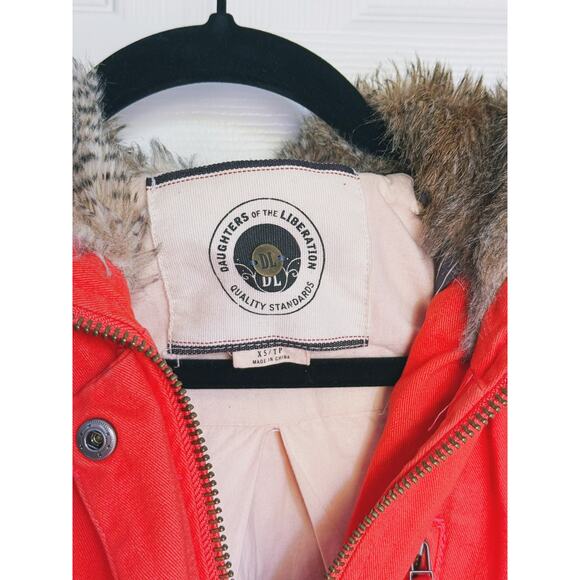 Anthro Daughters of the Liberation Fur Hood Full Zip Utility Parka Red XS Winter - Picture 5 of 13